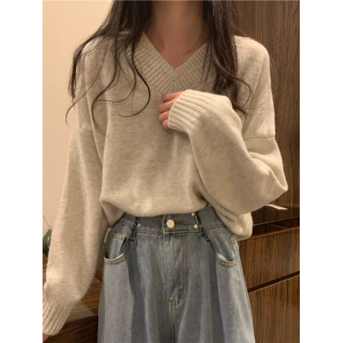V領毛衣女寬松上衣秋冬新款溫柔復古韓版慵懶風打底針織衫加絨厚