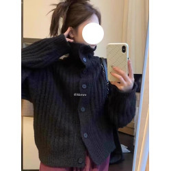 軟糯高級感黑色高領毛衣外套女冬季加厚寬松慵懶針織開衫短款上衣