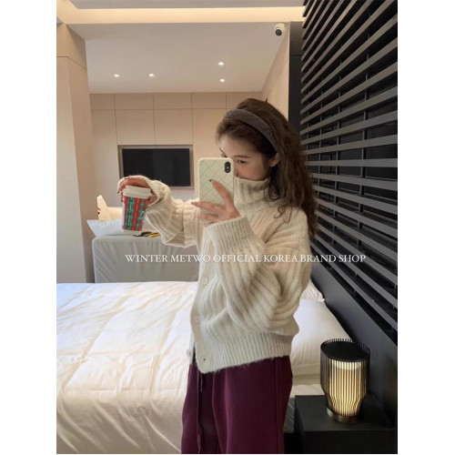 軟糯高級感黑色高領毛衣外套女冬季加厚寬松慵懶針織開衫短款上衣