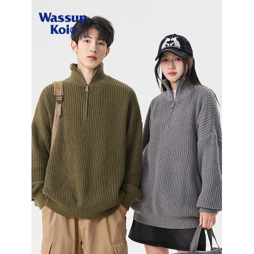 WASSUP KOI日系高領半拉鍊針織衫外套男春秋冬保暖慵懶風寬松毛衣