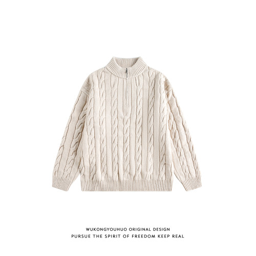 悟空有貨老錢風麻花紋半拉鍊毛衣男秋冬重磅休閒百搭半高領針織衫