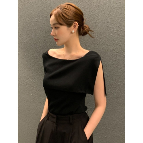 韓國chic小衆氣質大翻領側開叉設計修身顯瘦條紋撞色針織衫上衣女