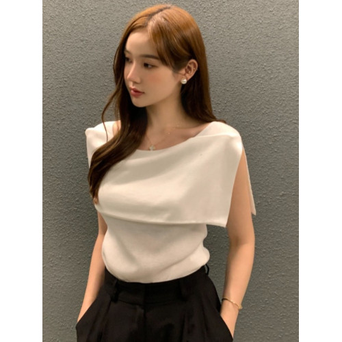 韓國chic小衆氣質大翻領側開叉設計修身顯瘦條紋撞色針織衫上衣女