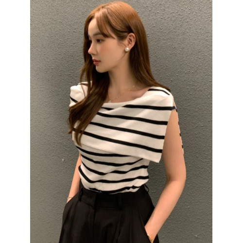 韓國chic小衆氣質大翻領側開叉設計修身顯瘦條紋撞色針織衫上衣女