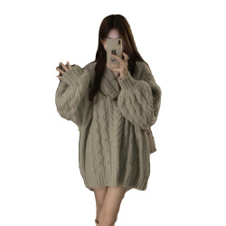 日系慵懶風大版V領麻花毛衣女寬松外穿秋冬針織套頭加厚粗毛線衣