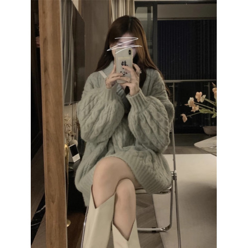 日系慵懶風大版V領麻花毛衣女寬松外穿秋冬針織套頭加厚粗毛線衣