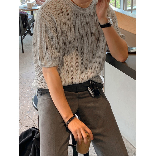 MRCYC設計感鏤空針織衫T恤男夏季寬松圓領短袖韓系潮流百搭半袖