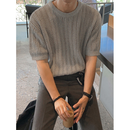 MRCYC設計感鏤空針織衫T恤男夏季寬松圓領短袖韓系潮流百搭半袖