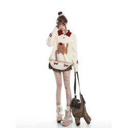 可愛圍巾小狗撞色繙領毛衣女秋冬慵嬾風聖誕節穿搭軟糯針織衫上衣