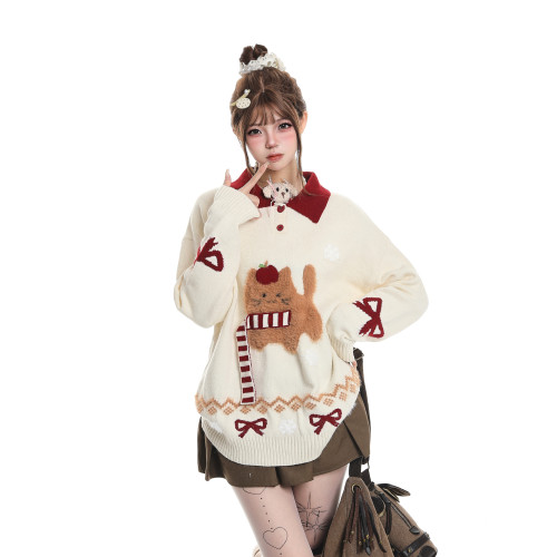 可愛圍巾小狗撞色繙領毛衣女秋冬慵嬾風聖誕節穿搭軟糯針織衫上衣