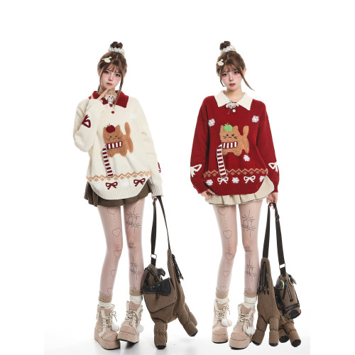 可愛圍巾小狗撞色繙領毛衣女秋冬慵嬾風聖誕節穿搭軟糯針織衫上衣