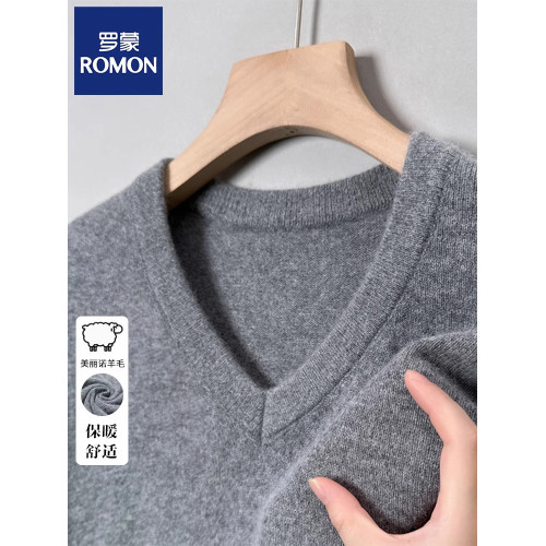 羅矇羊毛衫男中年V領毛衣純色加厚秋冬新款針織雞心領保暖打底衫