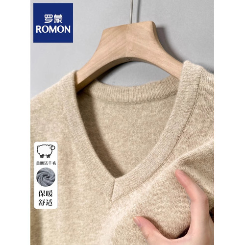 羅矇羊毛衫男中年V領毛衣純色加厚秋冬新款針織雞心領保暖打底衫