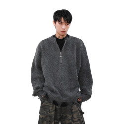 MRNEARLY美式半拉鍊破壞毛衣男秋冬款寬松慵懶風設計感小衆針織衫