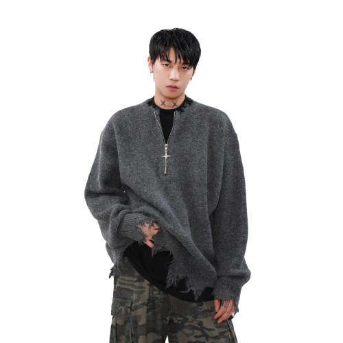 MRNEARLY美式半拉鍊破壞毛衣男秋冬款寬松慵懶風設計感小衆針織衫