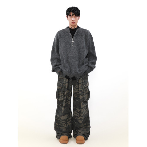 MRNEARLY美式半拉鍊破壞毛衣男秋冬款寬松慵懶風設計感小衆針織衫