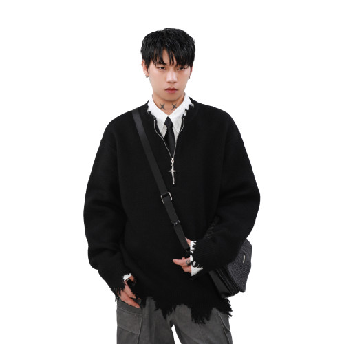 MRNEARLY美式半拉鍊破壞毛衣男秋冬款寬松慵懶風設計感小衆針織衫