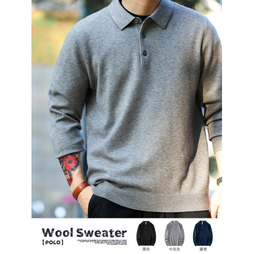 BGYO鹿起 美式休閒長袖POLO領綿羊毛衫男翻領自髮熱保暖針織上衣