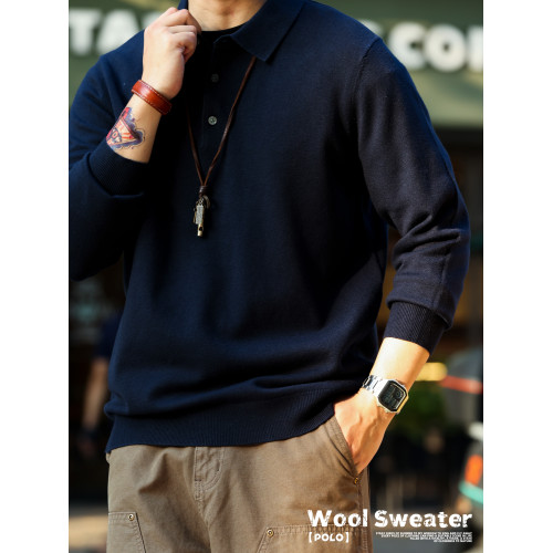 BGYO鹿起 美式休閒長袖POLO領綿羊毛衫男翻領自髮熱保暖針織上衣