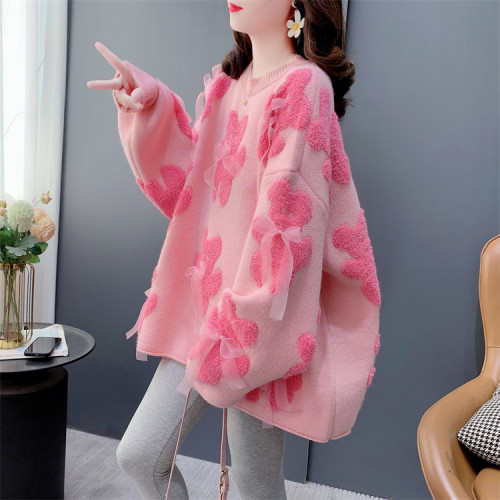 高級感超好看蝴蝶結圓領毛衣女秋冬外穿寬松慵懶風爆款洋氣上衣潮