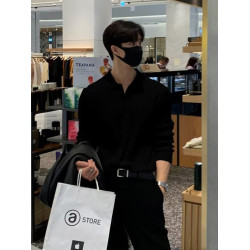 韓國秋冬高級感男士毛衣韓版寬松休閒純色翻領套頭長袖針織polo衫