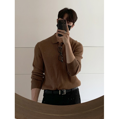 韓國秋冬高級感男士毛衣韓版寬松休閒純色翻領套頭長袖針織polo衫