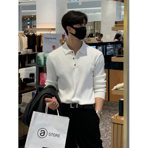韓國秋冬高級感男士毛衣韓版寬松休閒純色翻領套頭長袖針織polo衫