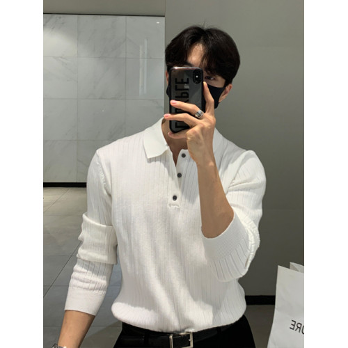 韓國秋冬高級感男士毛衣韓版寬松休閒純色翻領套頭長袖針織polo衫