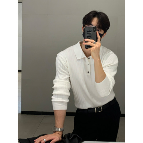 韓國秋冬高級感男士毛衣韓版寬松休閒純色翻領套頭長袖針織polo衫