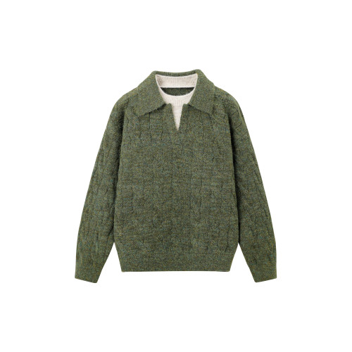 悟空有貨復古絞花假兩件拼接POLO領毛衣男秋冬潮牌情侶休閒針織衫