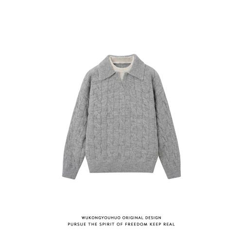 悟空有貨復古絞花假兩件拼接POLO領毛衣男秋冬潮牌情侶休閒針織衫