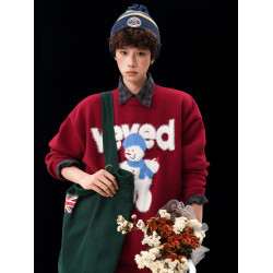 美式氛圍感小雪人圓領毛衣男女冬季寬松慵懶感加厚情侶針織衫外套