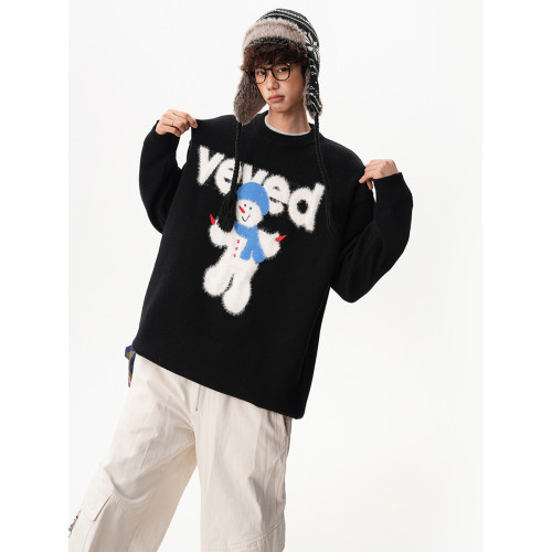 美式氛圍感小雪人圓領毛衣男女冬季寬松慵懶感加厚情侶針織衫外套