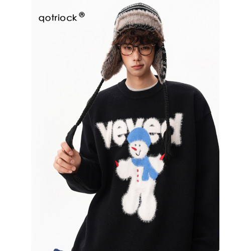 美式氛圍感小雪人圓領毛衣男女冬季寬松慵懶感加厚情侶針織衫外套