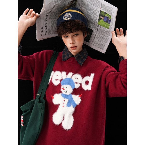 美式氛圍感小雪人圓領毛衣男女冬季寬松慵懶感加厚情侶針織衫外套