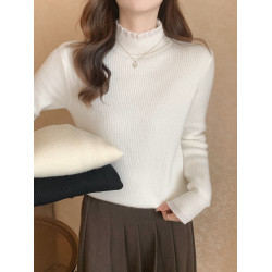 一體加絨加厚半高領毛衣針織衫女秋冬中領蕾絲內搭打底衫外穿上衣