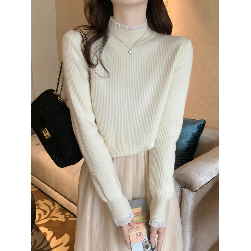 一體加絨加厚半高領毛衣針織衫女秋冬中領蕾絲內搭打底衫外穿上衣