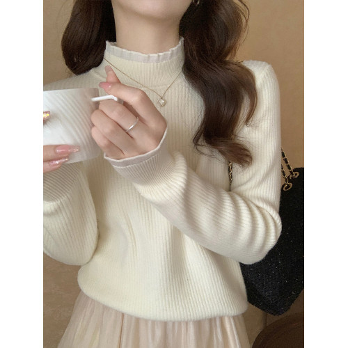 一體加絨加厚半高領毛衣針織衫女秋冬中領蕾絲內搭打底衫外穿上衣