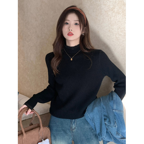 一體加絨加厚半高領毛衣針織衫女秋冬中領蕾絲內搭打底衫外穿上衣