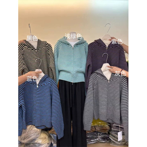 紫色條紋連帽毛衣外套女開衫秋冬韓系軟糯百搭針織衫內搭加厚短款