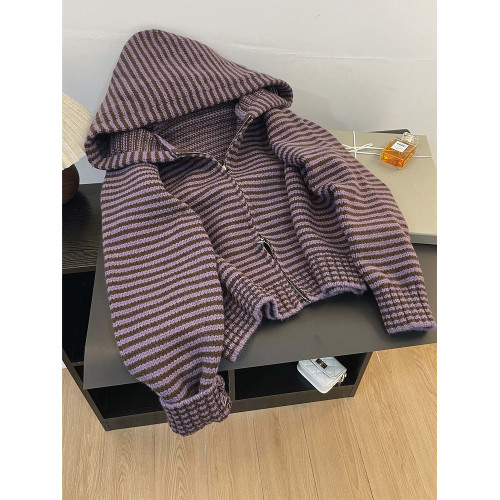 紫色條紋連帽毛衣外套女開衫秋冬韓系軟糯百搭針織衫內搭加厚短款