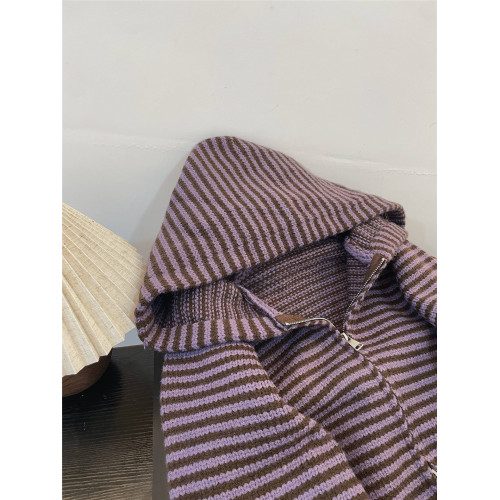 紫色條紋連帽毛衣外套女開衫秋冬韓系軟糯百搭針織衫內搭加厚短款