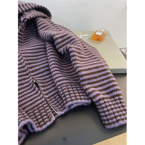 紫色條紋連帽毛衣外套女開衫秋冬韓系軟糯百搭針織衫內搭加厚短款