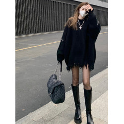 2025新款套頭毛線衣慵懶松弛感針織上衣寬松加厚黑色毛衣女秋冬季