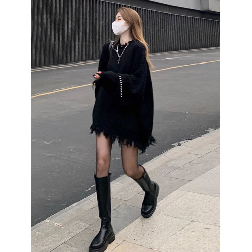 2025新款套頭毛線衣慵懶松弛感針織上衣寬松加厚黑色毛衣女秋冬季