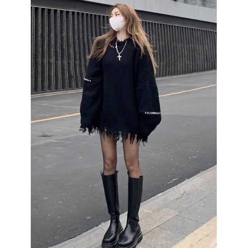 2025新款套頭毛線衣慵懶松弛感針織上衣寬松加厚黑色毛衣女秋冬季