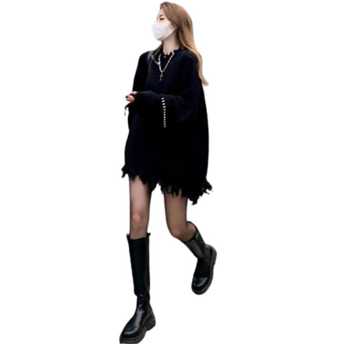 2025新款套頭毛線衣慵懶松弛感針織上衣寬松加厚黑色毛衣女秋冬季