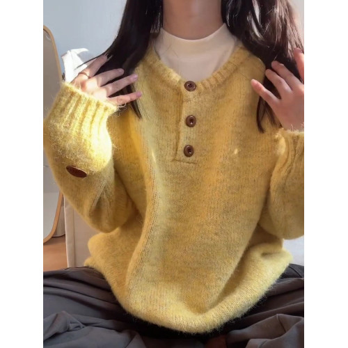 秋冬氛圍感亨利領長袖針織衫女2025新款加厚寬松慵懶軟糯套頭毛衣 秋冬氛圍感亨利領長袖針織衫女2025新款加厚寬松慵懶軟糯套頭毛衣