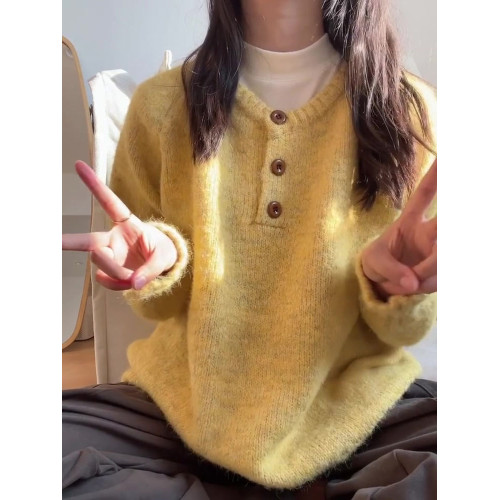 秋冬氛圍感亨利領長袖針織衫女2025新款加厚寬松慵懶軟糯套頭毛衣 秋冬氛圍感亨利領長袖針織衫女2025新款加厚寬松慵懶軟糯套頭毛衣