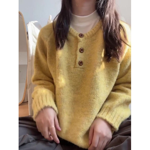 秋冬氛圍感亨利領長袖針織衫女2025新款加厚寬松慵懶軟糯套頭毛衣 秋冬氛圍感亨利領長袖針織衫女2025新款加厚寬松慵懶軟糯套頭毛衣